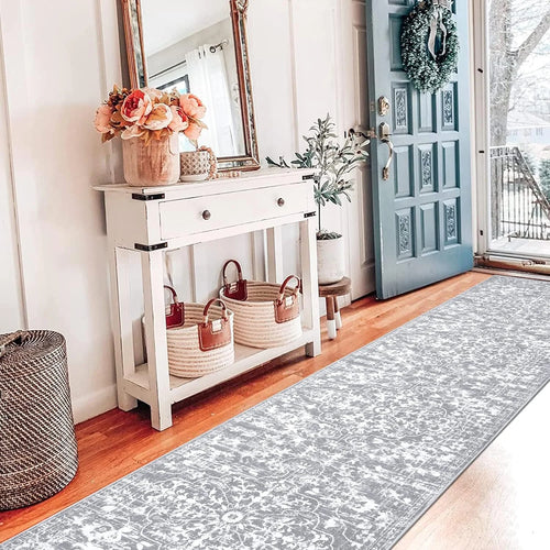 2'X10' Vintage Runner Rug 0.4" Distressed Hallway Rug Non Slip Laundry Runner Rug Decor Rug Washable Runner Rug Kitchen Floor Mat Entryway Rug Runner for Laundry Kitchen Entryway, Gray