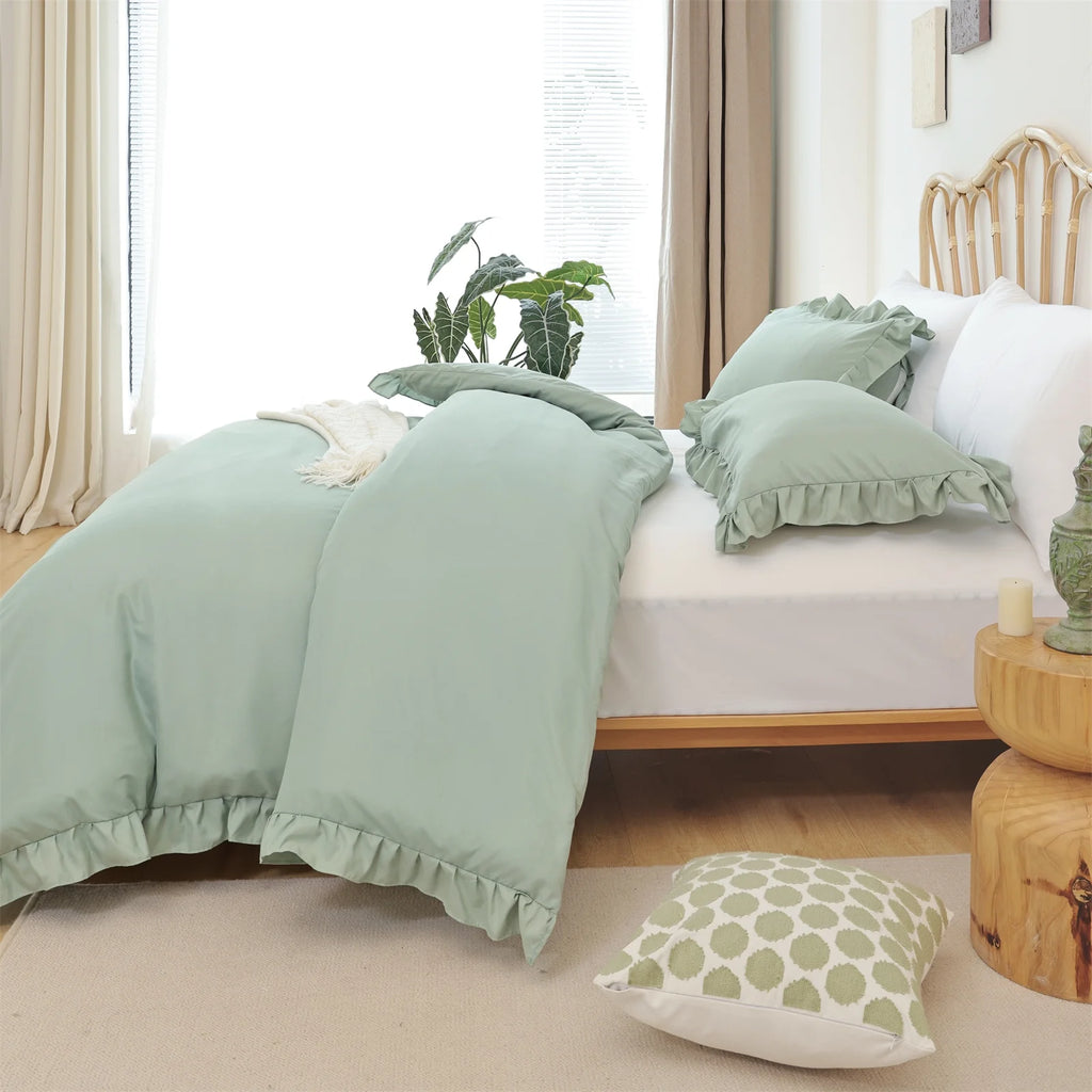 Queen Comforter Set for Adult, 3 Piece Ruffle Green Comforter Sets All Season