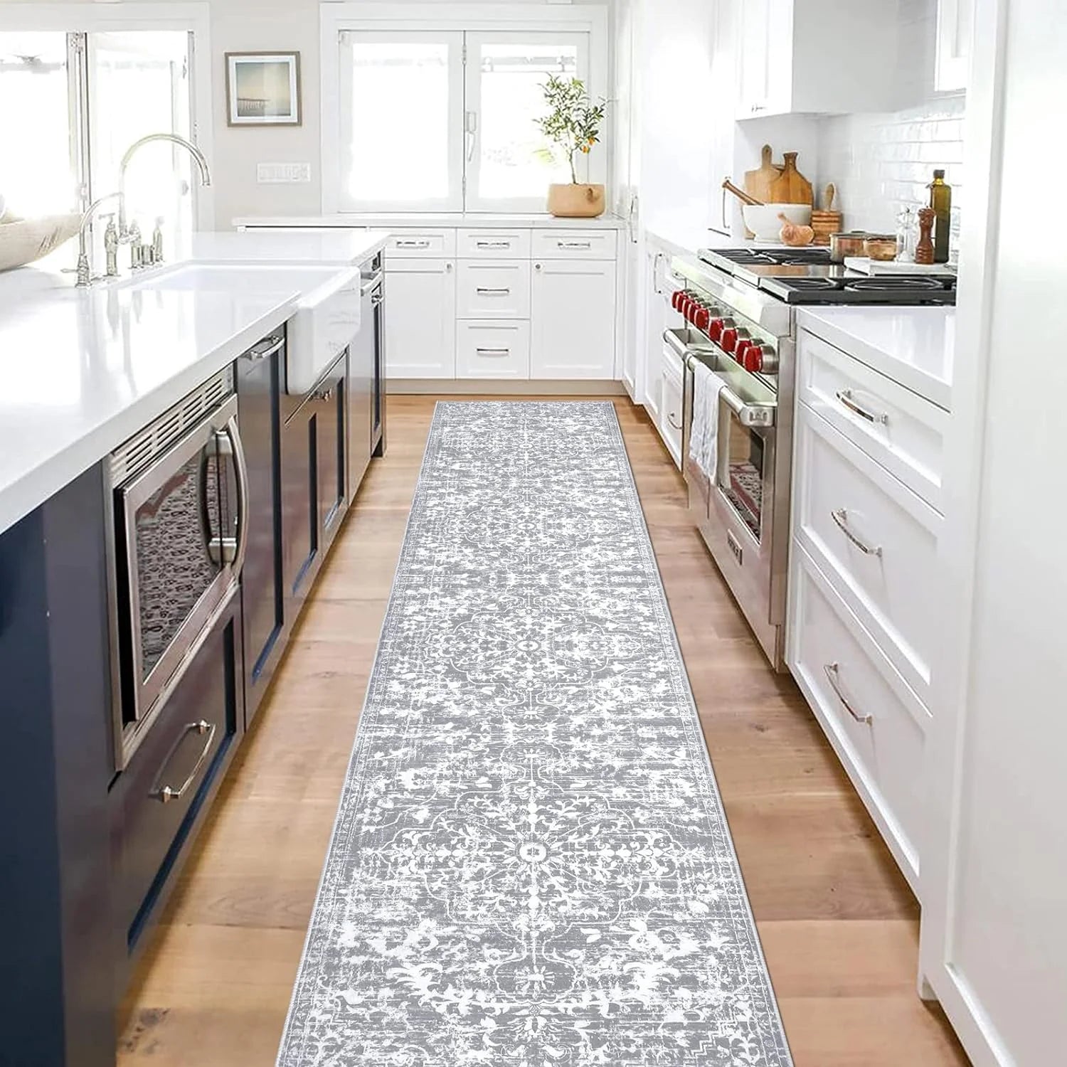 2'X10' Vintage Runner Rug 0.4" Distressed Hallway Rug Non Slip Laundry Runner Rug Decor Rug Washable Runner Rug Kitchen Floor Mat Entryway Rug Runner for Laundry Kitchen Entryway, Gray