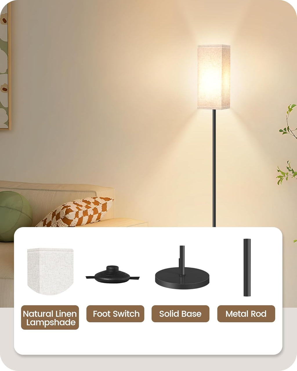 64.6" Floor Lamp, Pole with Foot Switch, Modern Standing Lamp Lampshade, Minimal