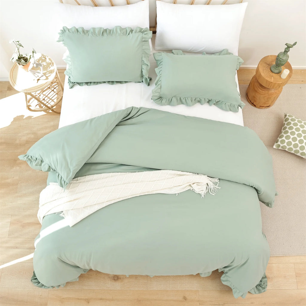 Queen Comforter Set for Adult, 3 Piece Ruffle Green Comforter Sets All Season