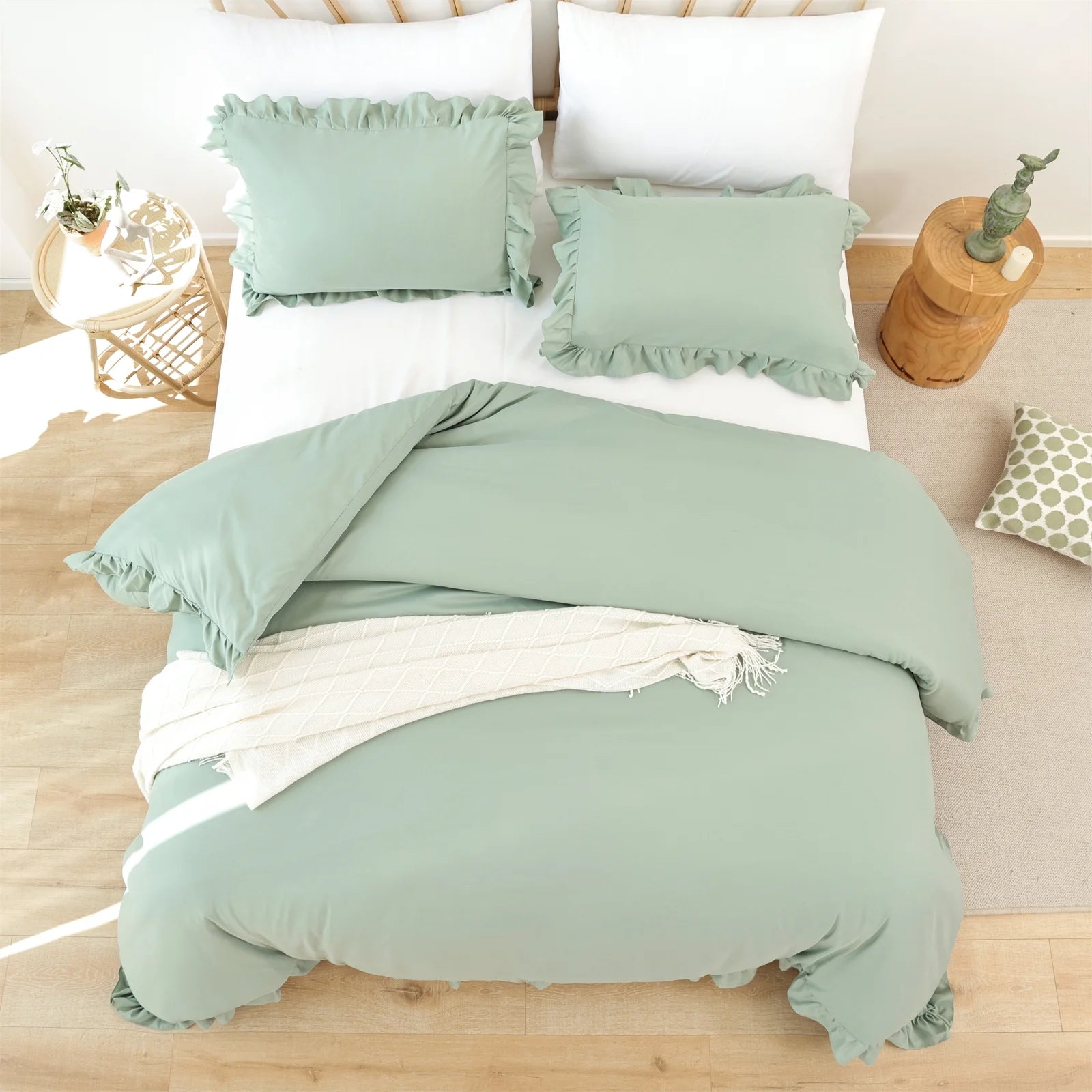 Queen Comforter Set for Adult, 3 Piece Ruffle Green Comforter Sets All Season
