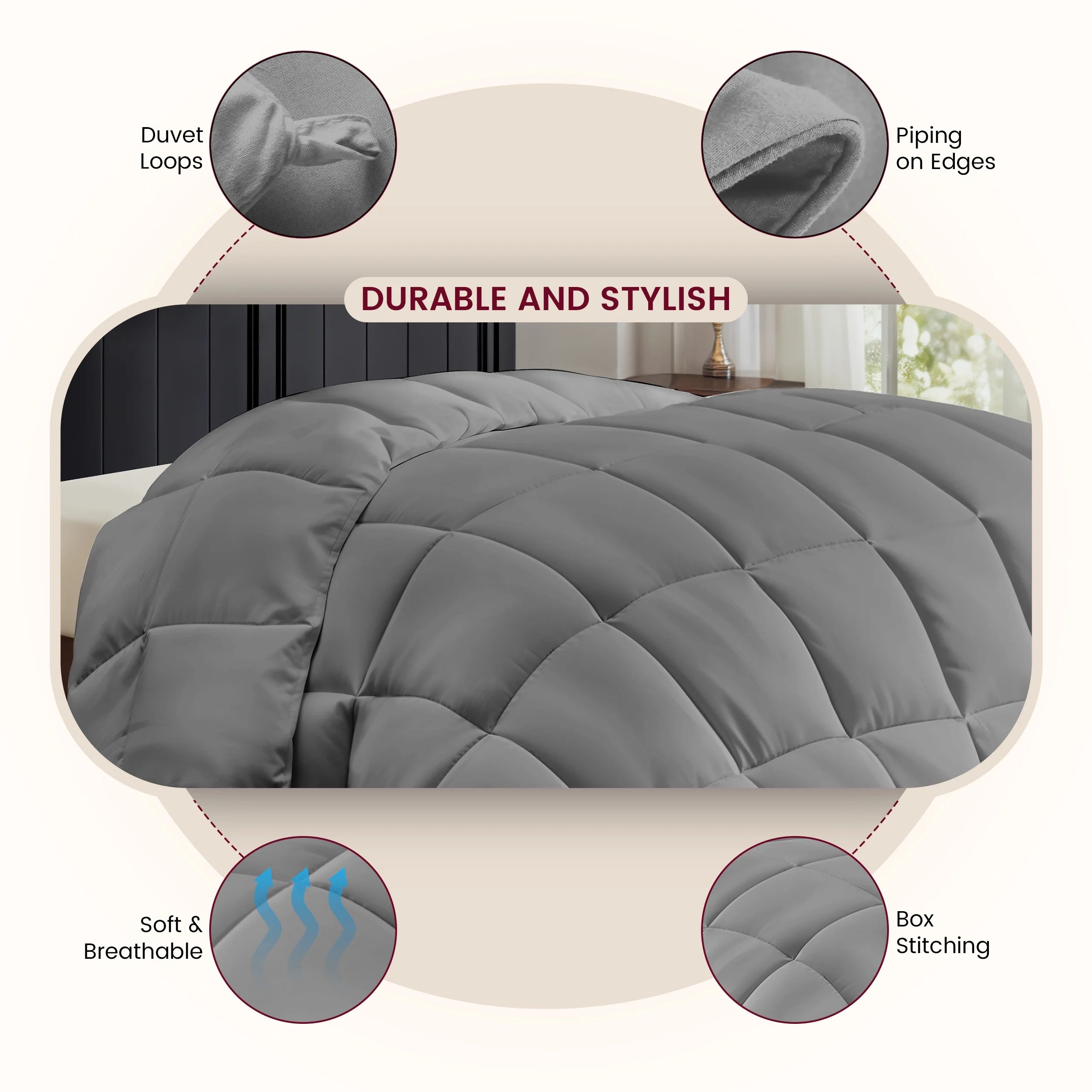 Reversible down Alternative Soft Quilted Queen Comforter - All Season Duvet Insert with Corner Tabs (Queen, Grey)