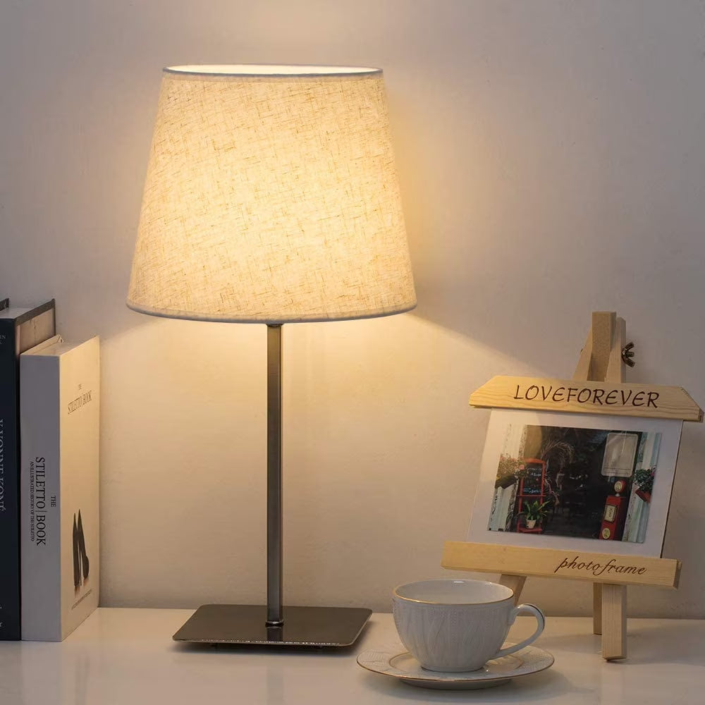 Bedside Table Lamps Set of 2, Square Desk Lamp Metal Base & Fabric Shade Silver