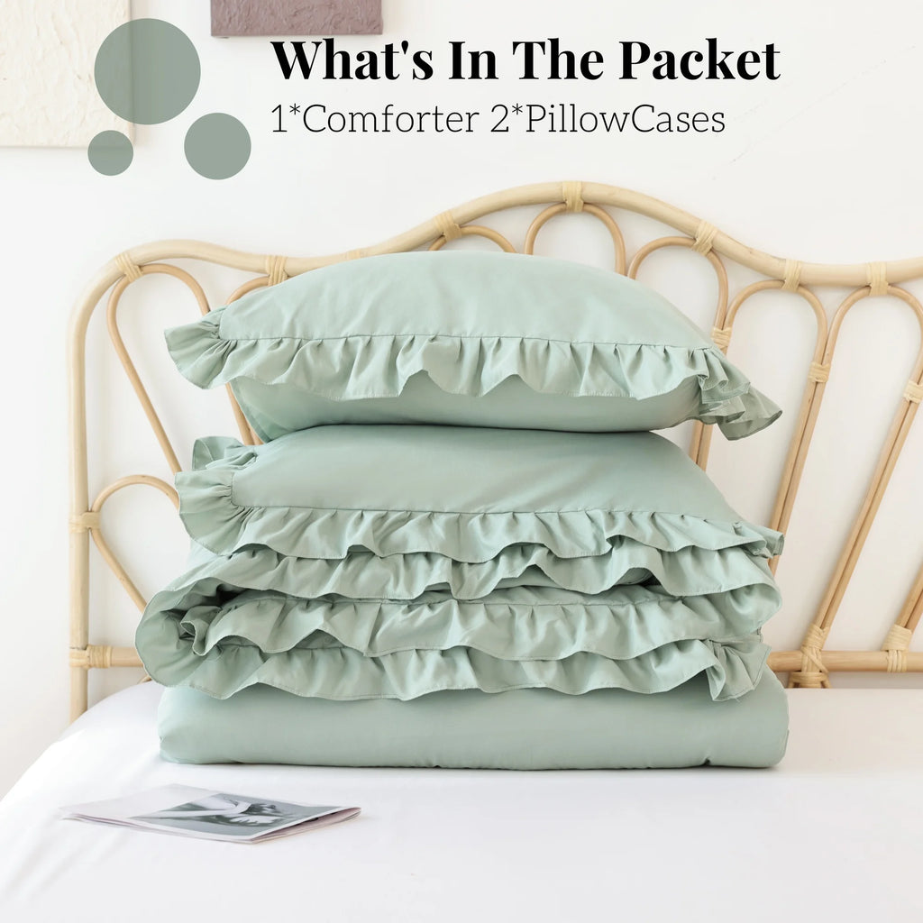 Queen Comforter Set for Adult, 3 Piece Ruffle Green Comforter Sets All Season