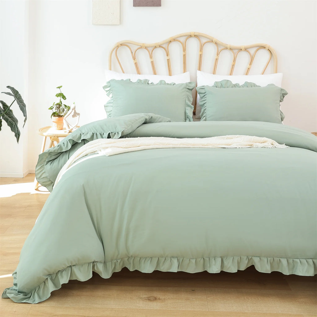 Queen Comforter Set for Adult, 3 Piece Ruffle Green Comforter Sets All Season