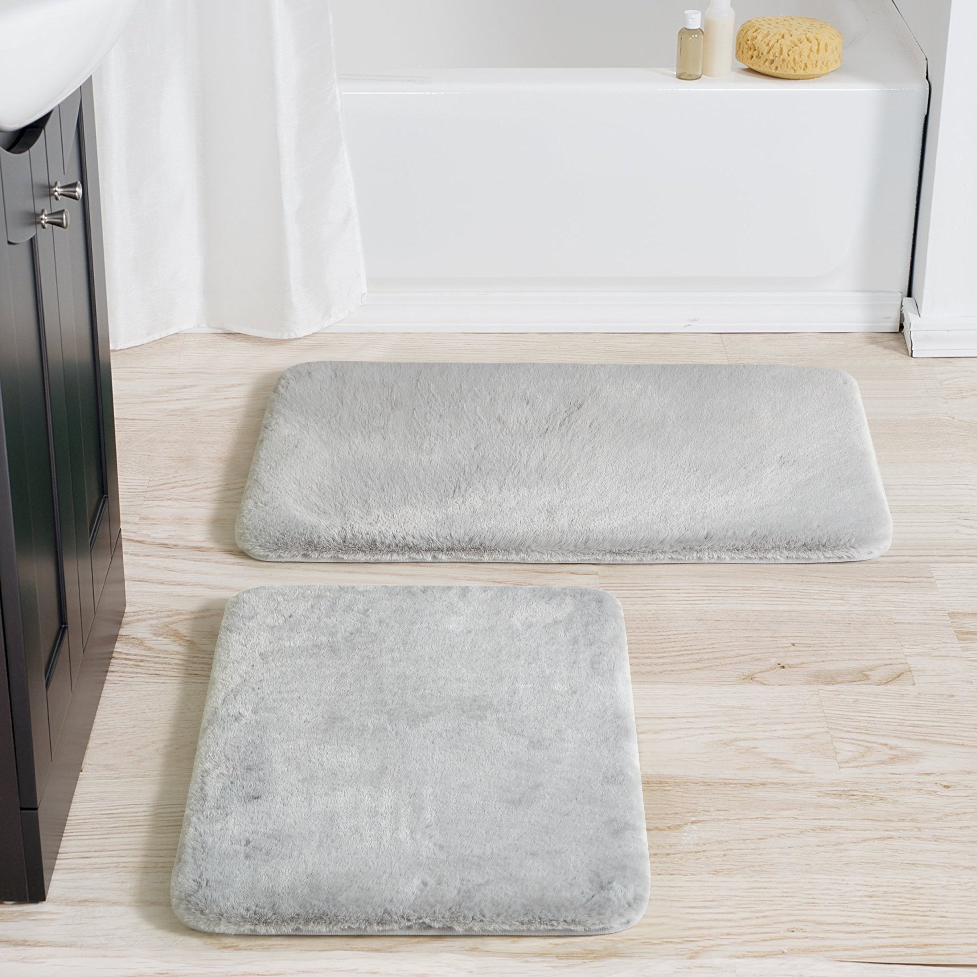Silver Faux Rabbit Fur Bath Rug Set, 2-Piece, 17" X 24" & 20" X 30"