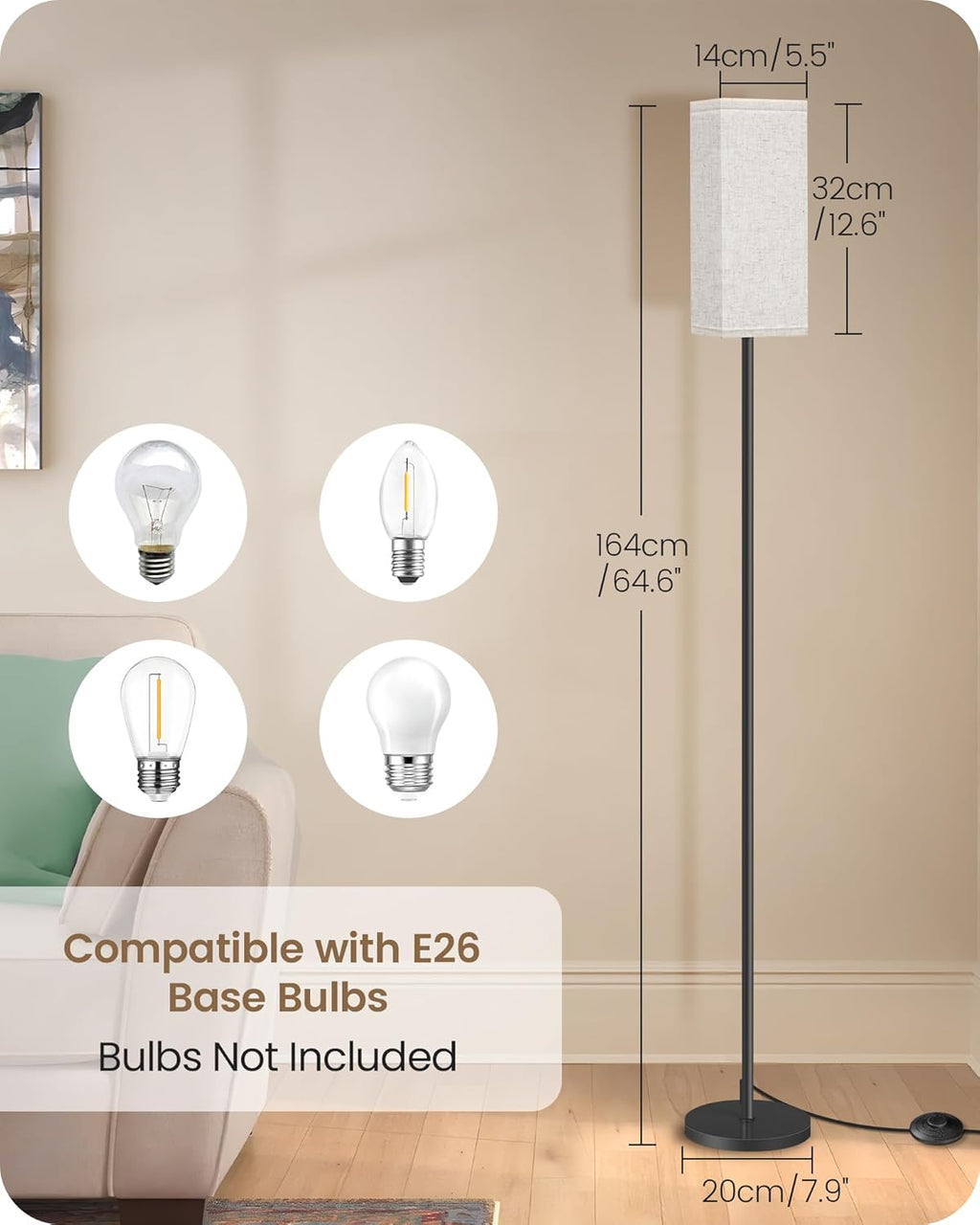 64.6" Floor Lamp, Pole with Foot Switch, Modern Standing Lamp Lampshade, Minimal