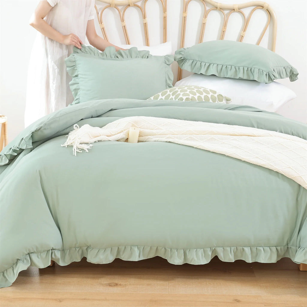 Queen Comforter Set for Adult, 3 Piece Ruffle Green Comforter Sets All Season