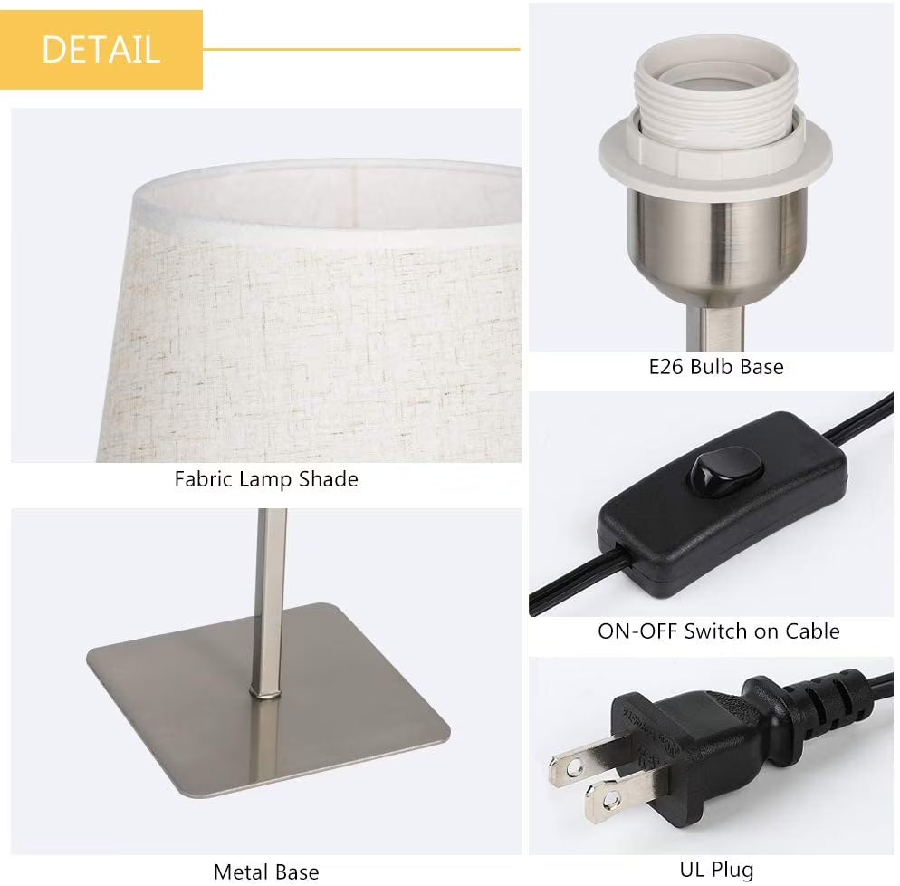 Bedside Table Lamps Set of 2, Square Desk Lamp Metal Base & Fabric Shade Silver