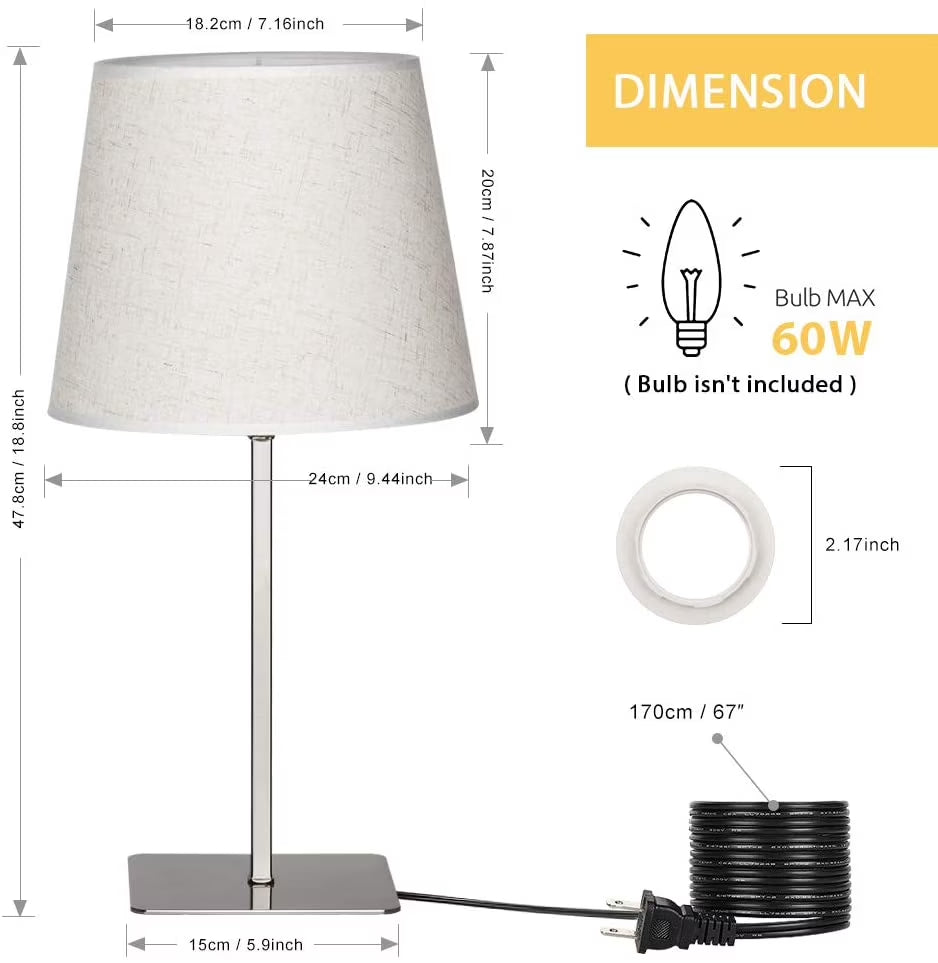 Bedside Table Lamps Set of 2, Square Desk Lamp Metal Base & Fabric Shade Silver